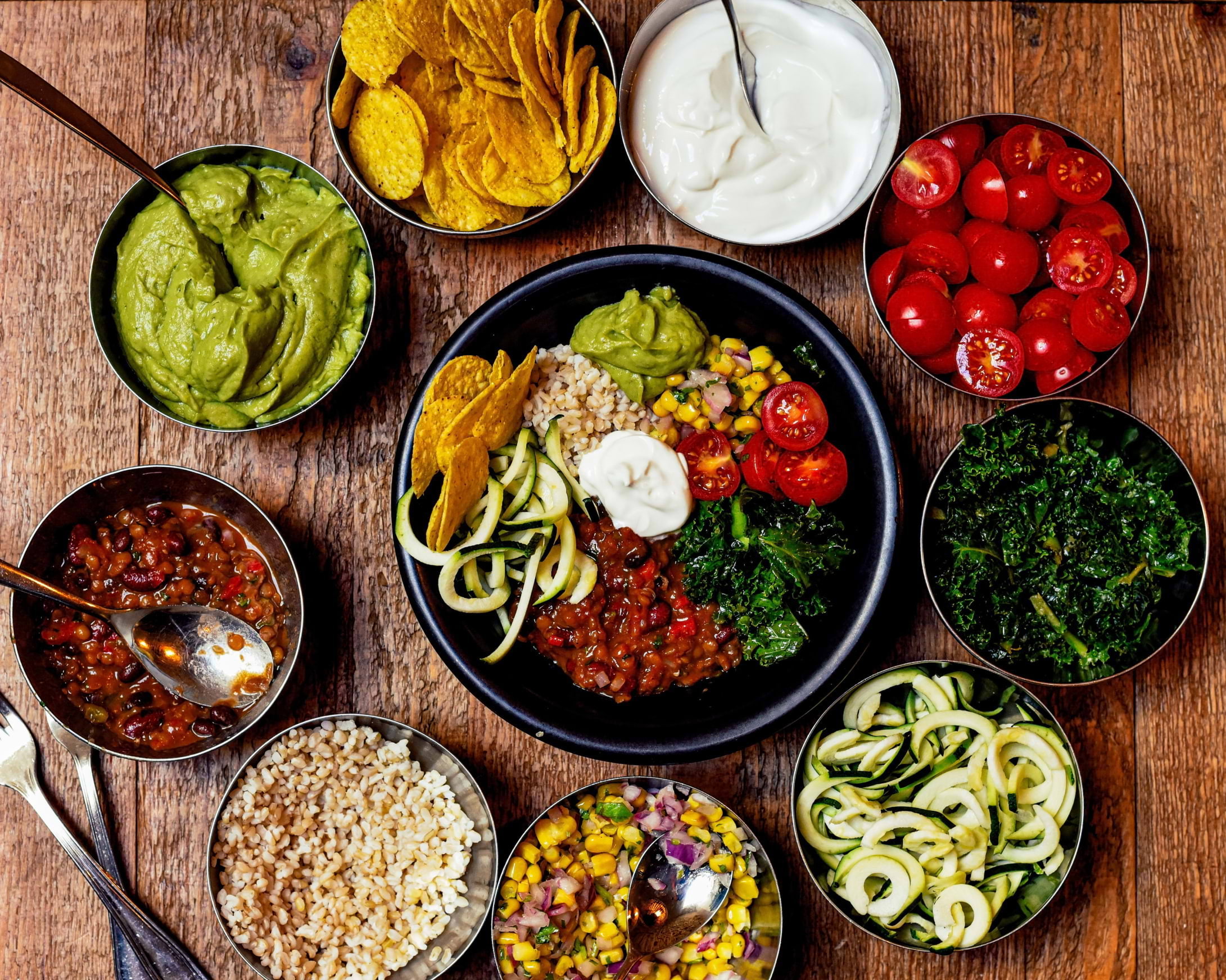 A bird's eye view of lots of healthy, colourful, vegetarian food